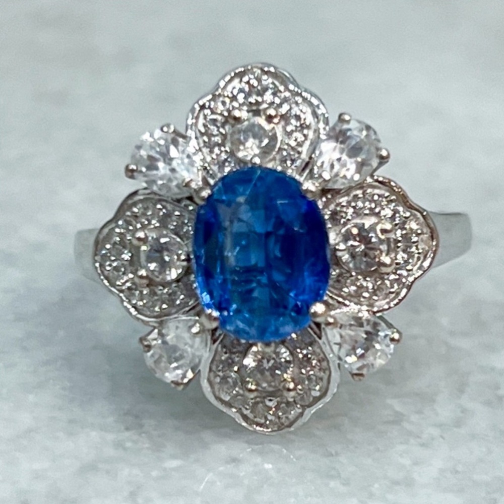 Kashmir Kyanite White Zircon Sterling Silver Floral Ring Sz 9